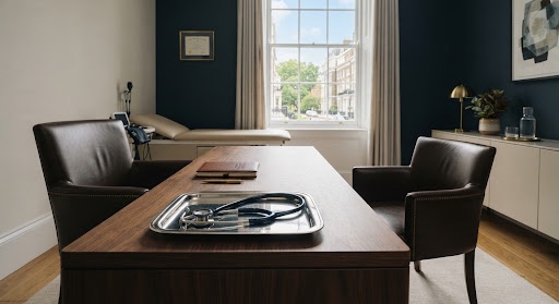 A private London cardiology consulting room.